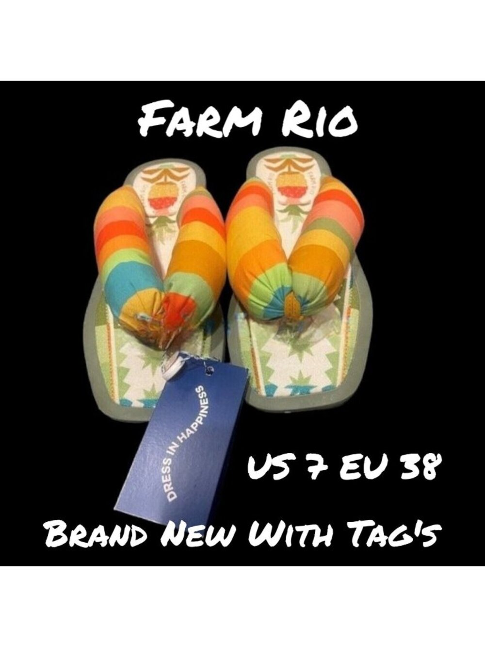 Farm Rio Women's Puffy Rainbow Pineapple Flip Flop Sandals - US 7, EU 38 New